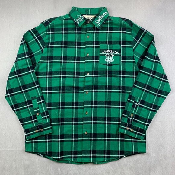 Harry Potter Cakeworthy Mens Shirt XL Green Plaid Flannel Button Up Slytherin - Picture 2 of 8